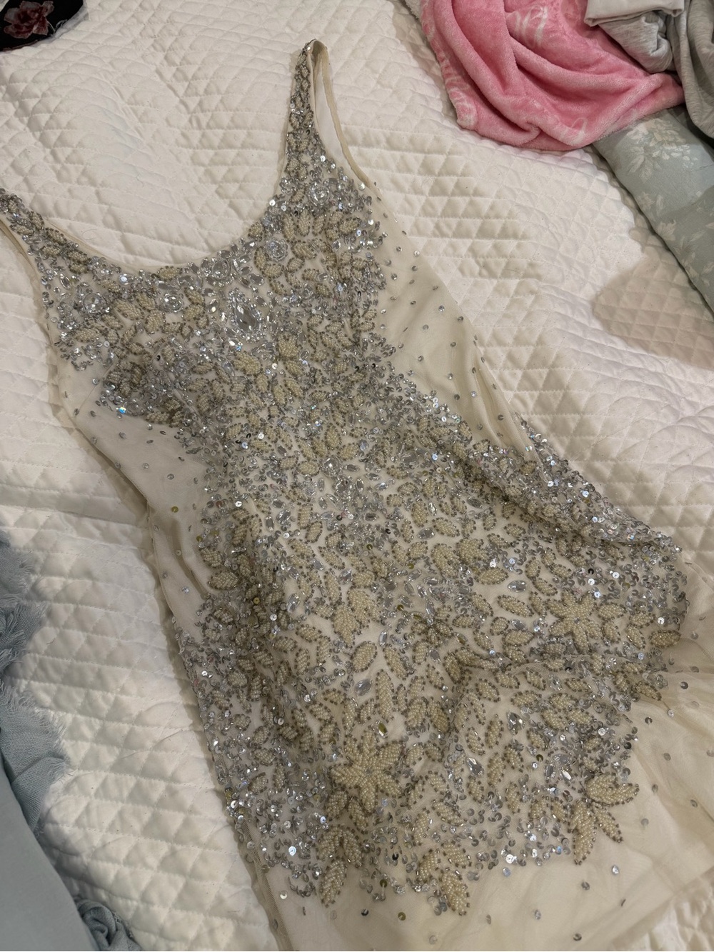 Cache Ivory-Beige Embellished Mini Dress with Silver Detail